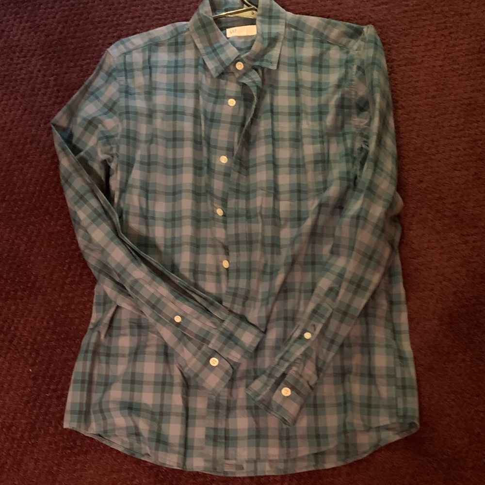 GAP- Men's Teal Plaid Button-Down Shirt - med